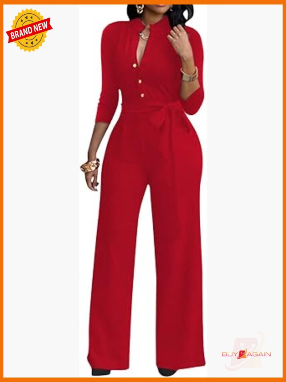 V Neck High Waisted Wide Leg Jumpsuit with Belt 3/4 Sleeve